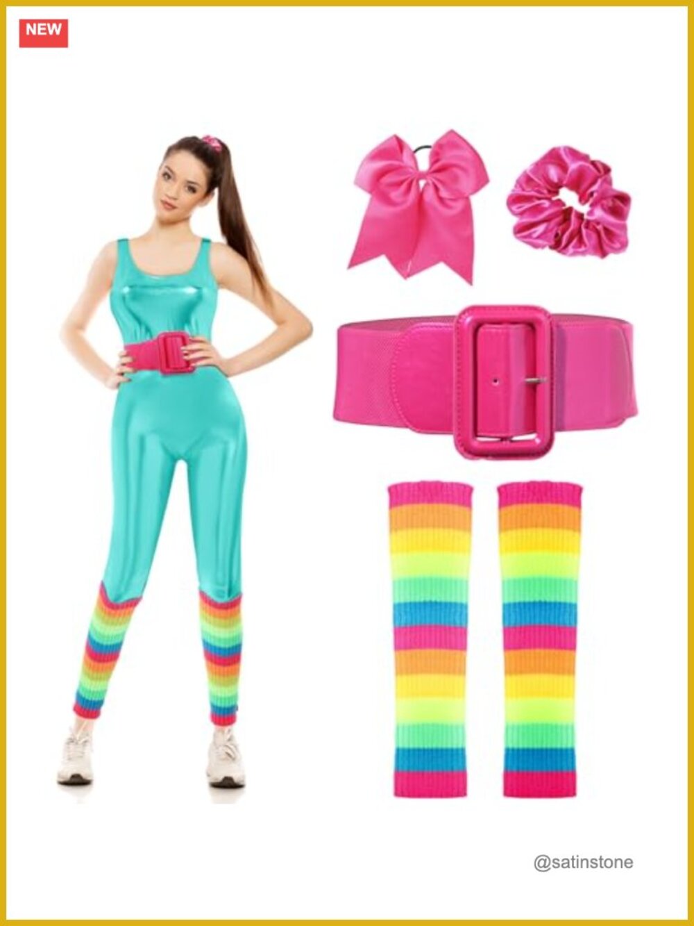 80s Workout Costume Set Jumpsuit Leg Warmers Belt for Halloween Party